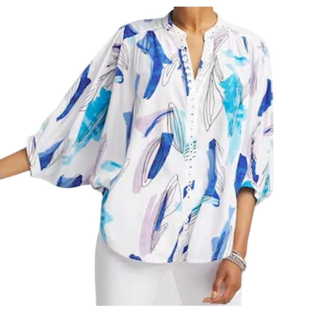 Chico’s Sz 1 White Blue Batwing Sleeve Oversized Beachy Abstract Art Blouse Top